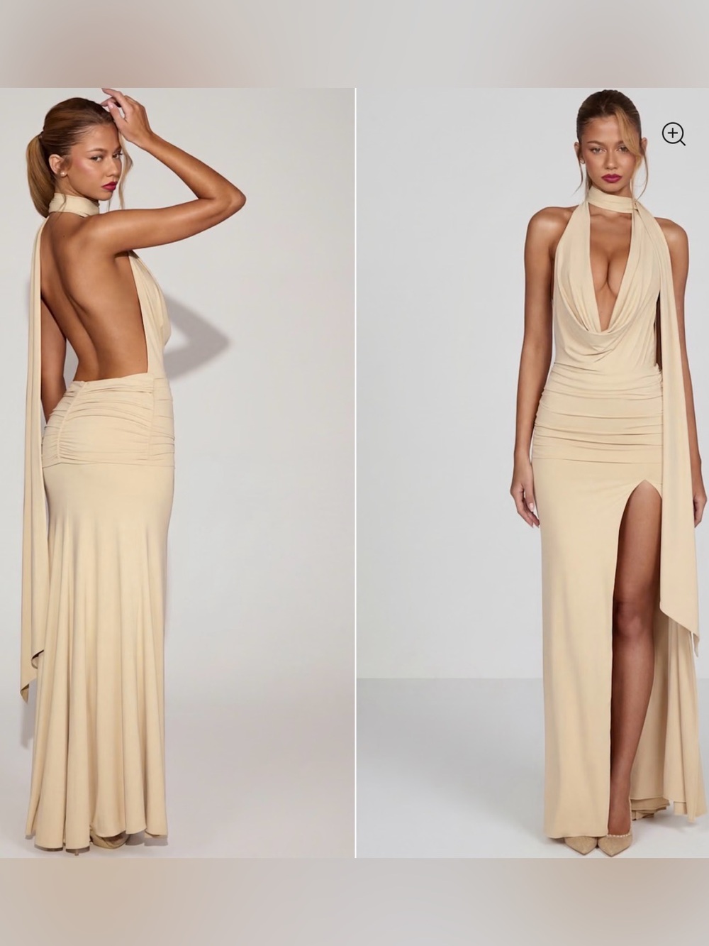 Oh Polly Cream Halter-Neck Cowl Maxi Dress